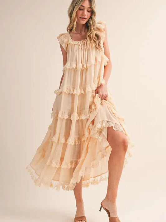 Tiered Lace Trim Maxi Dress - Vanilla Cream