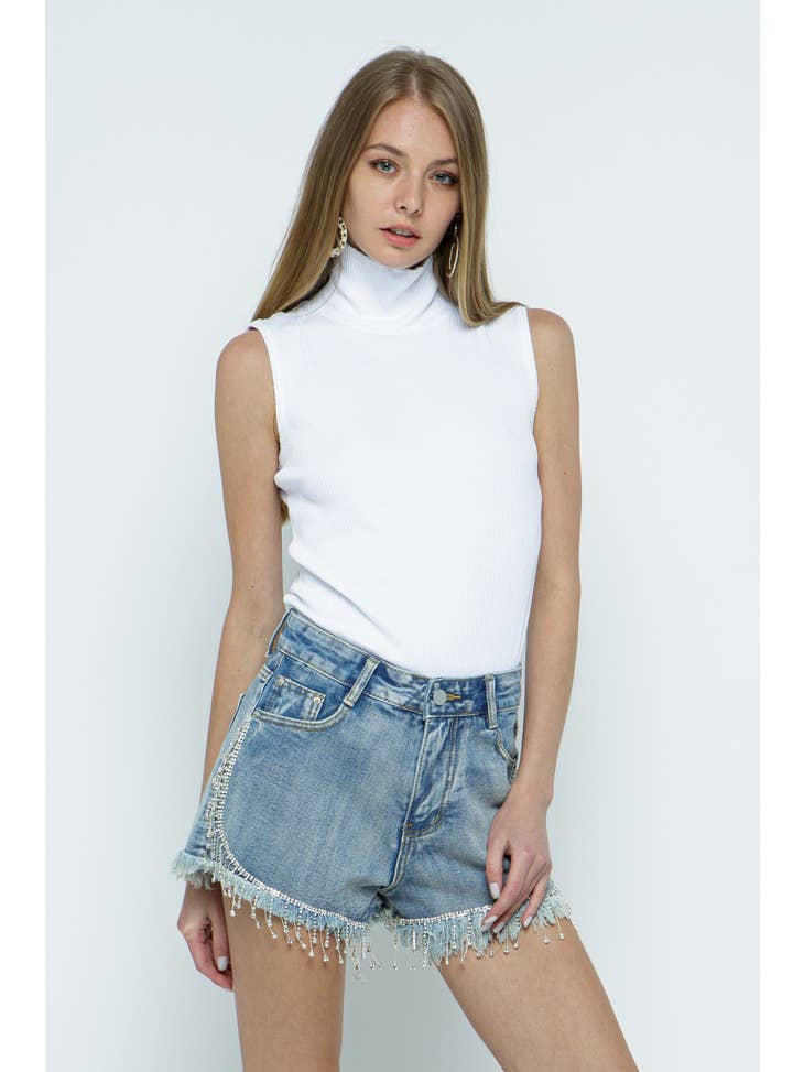 Fringe Rhinestone Frayed Denim Short