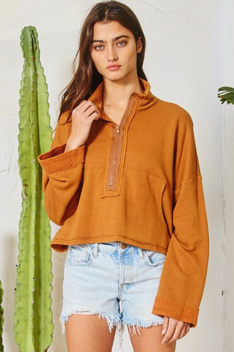 Zip-up Knit Crop Sweatshirt - Camel