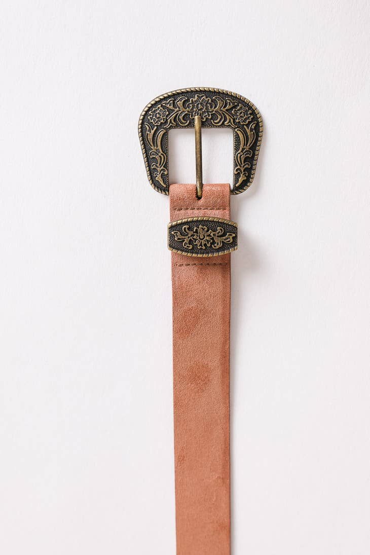 Western Suede Buckle Belt - Camel