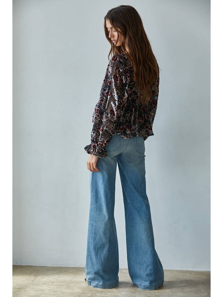 Velvet Mesh Floral Top - Black Multi