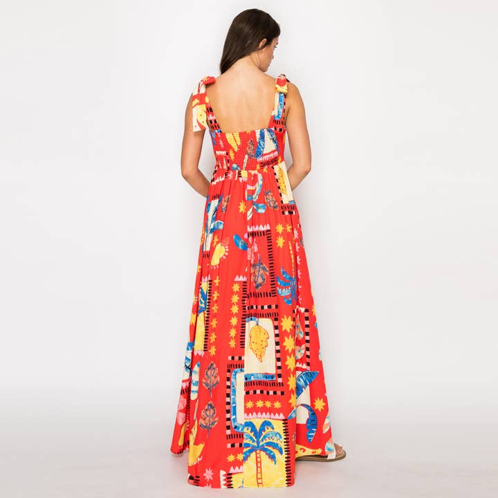 Retro Tropical Print Maxi Dress - Red