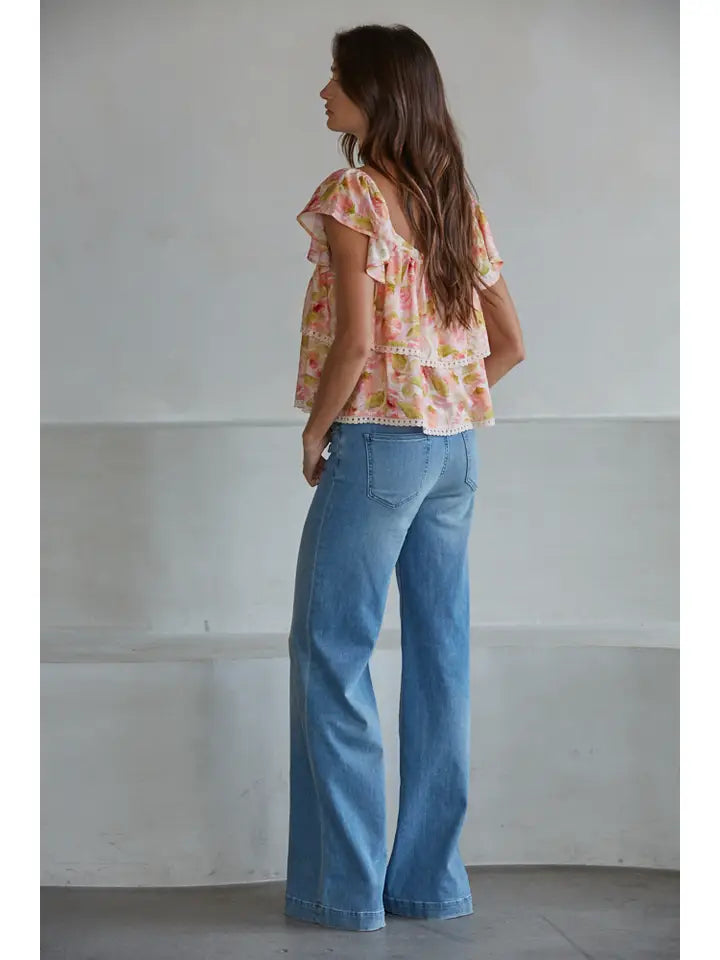 Floral Lace Trim Top - Pink Multi