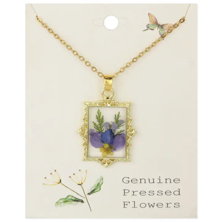 Dried Floral Necklace - Purple Gold Frame