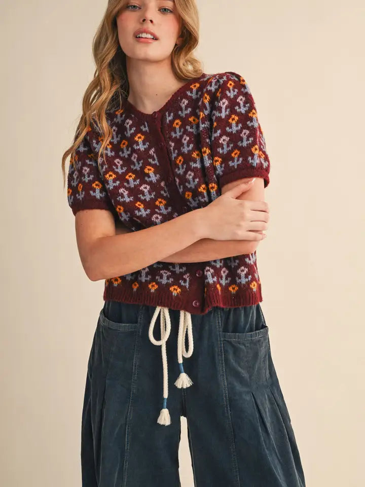 Floral Short Sleeve Sweater - Deep Maroon