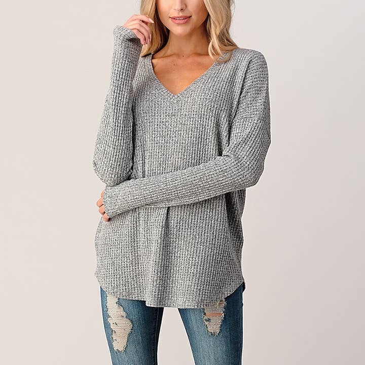 V-Neck Brushed Knit Top - Heather Grey
