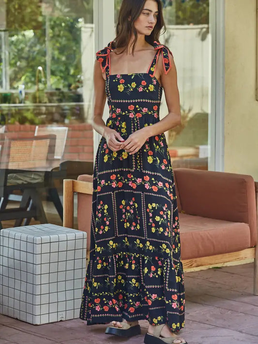 Floral Tie Shoulder Maxi Dress - Black Multi