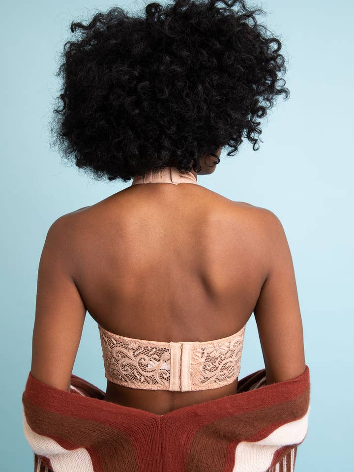 Mesh Lace Halter Bralette - Peach/Nude
