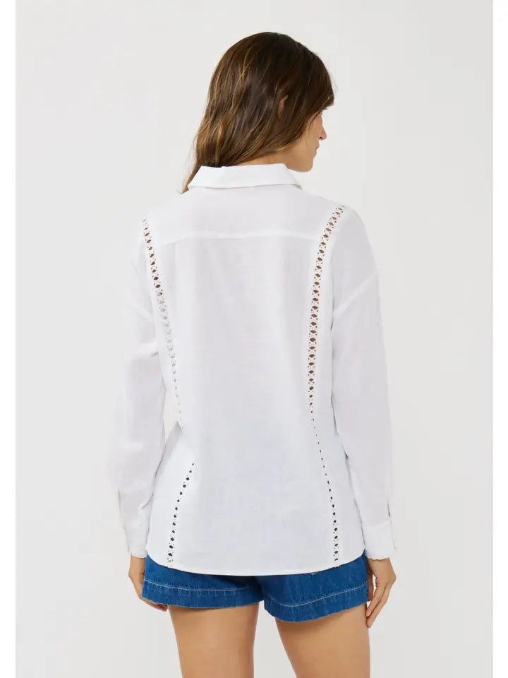 Lace Trim Linen Shirt - White