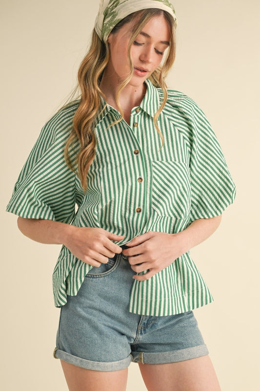 Striped Bubble Sleeve Button Down - Green