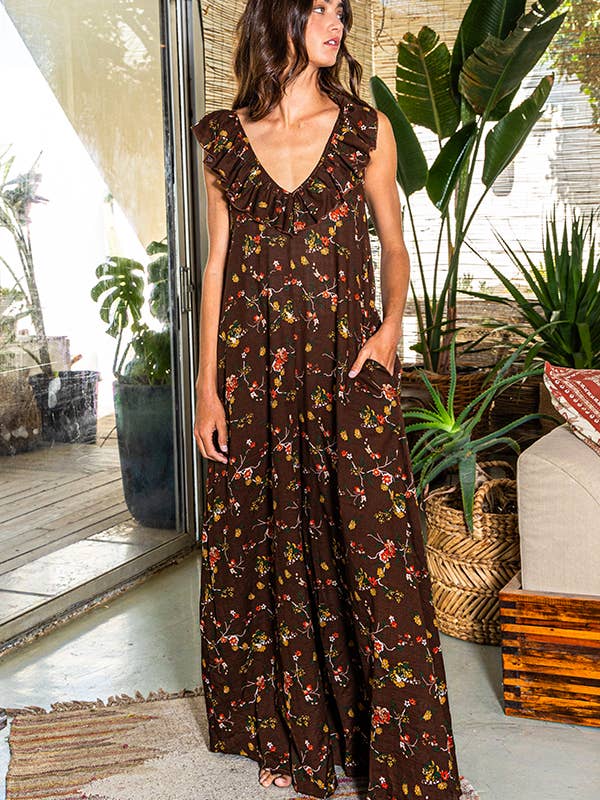 Ruffled V-neck Jumpsuit - Brown