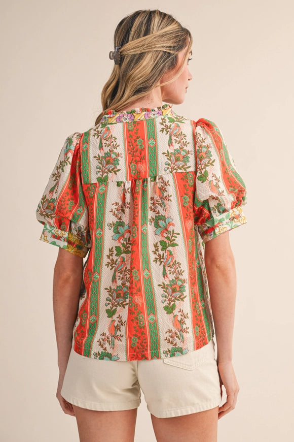 Border Print Pin Tuck Bib Top - Orange Green Multi