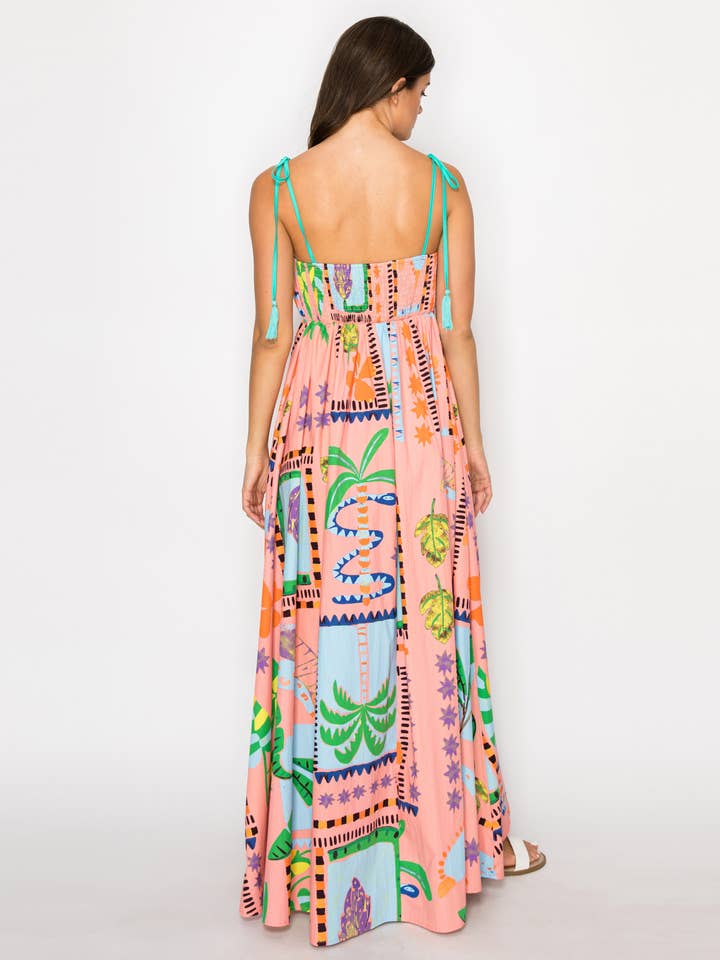 Retro Tropical Print Maxi Dress - Coral
