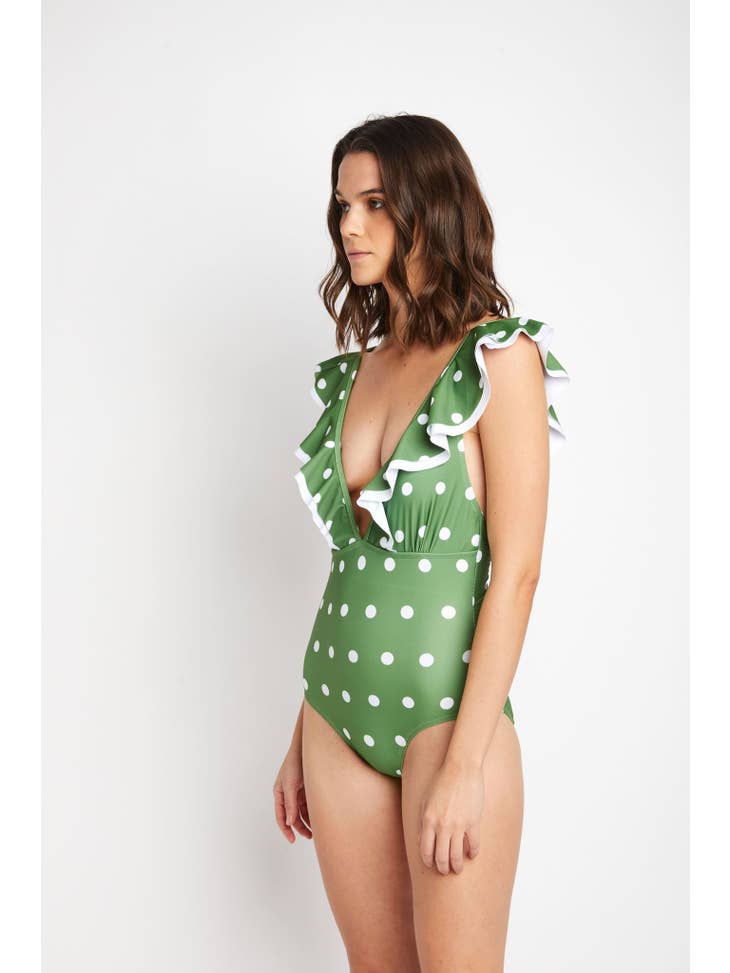 Double Ruffled Swimsuit - Olive Green White Dot