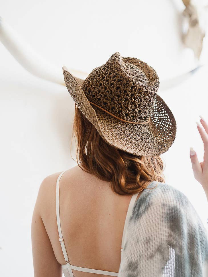 Weaved Western Cowboy Hat - Cognac