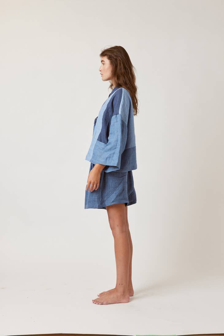 Linen Color-Blocked Jacket - Denim Tones