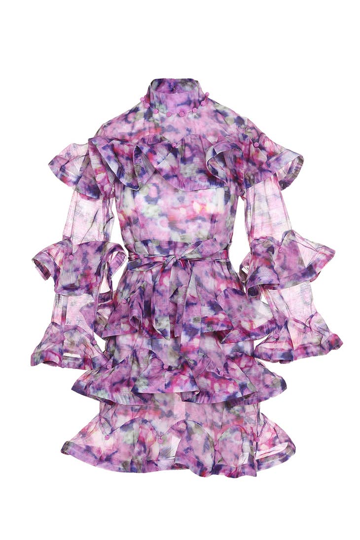 Ruffled Watercolor Mini Dress - Purple