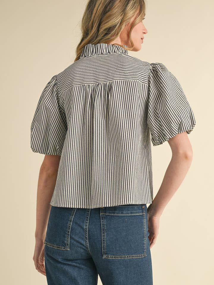 Striped Ruffle Button Down - Dark Denim