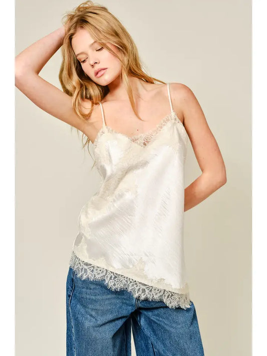 Cut Out Satin Lace Top - Champagne