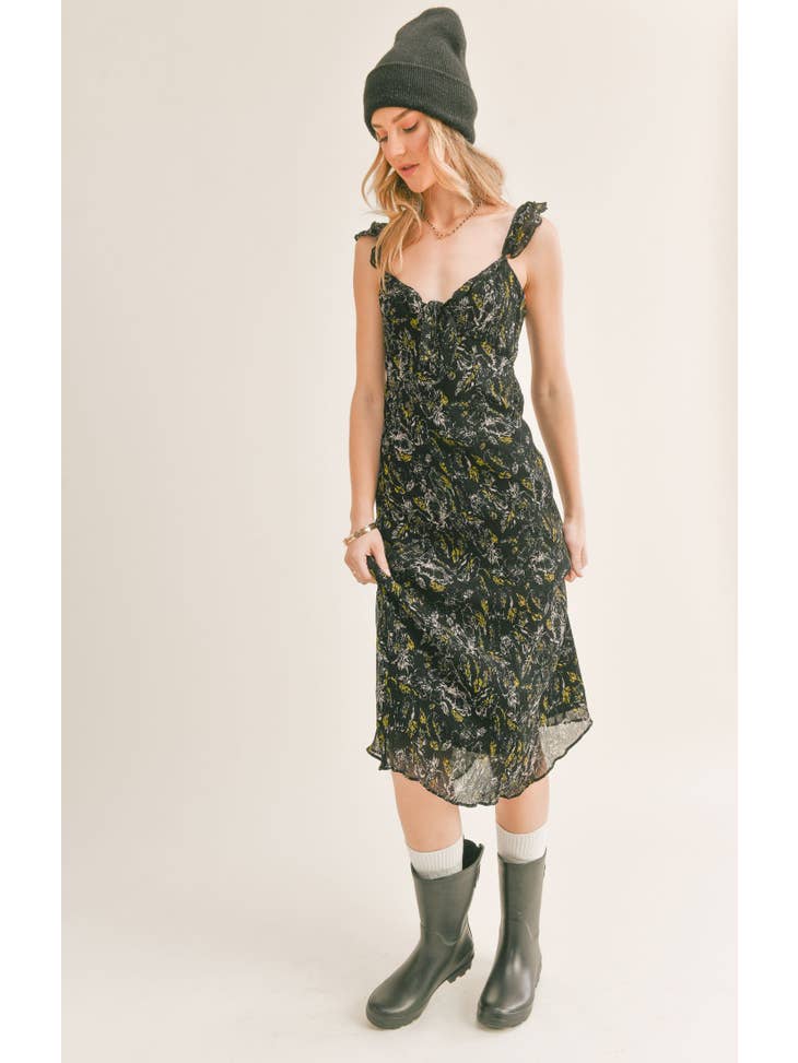 Moonflower Ruffled Midi Dress - Black Multi