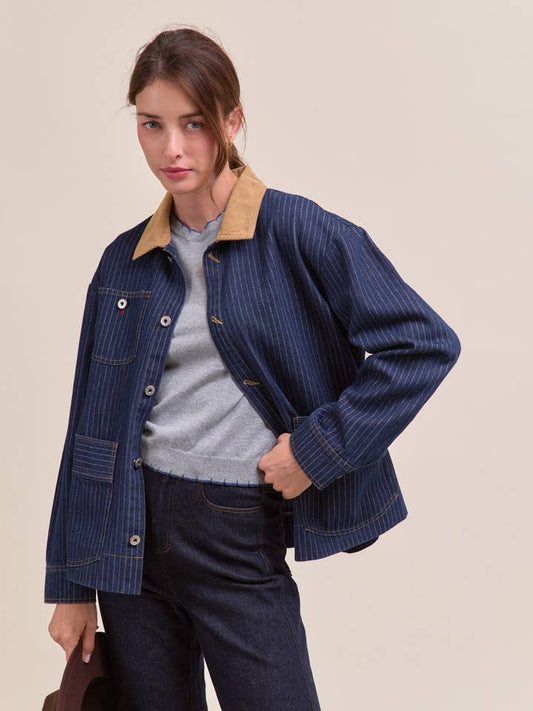 Oversized Pinstripe Denim Jacket - Indigo