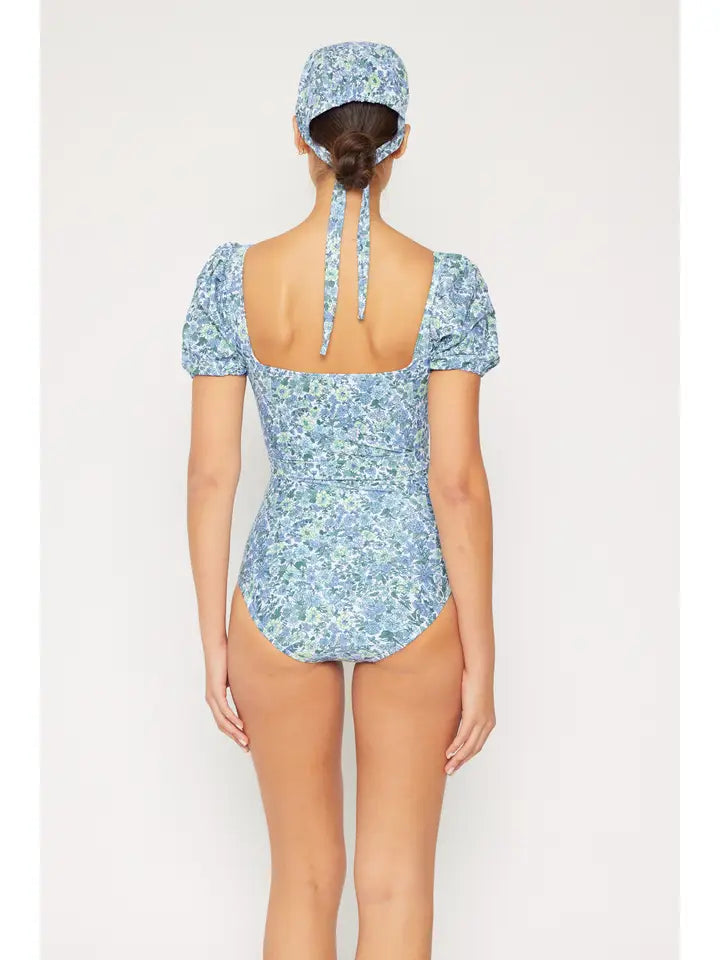 Puff Sleeve Swimsuit - Small Flowers Blue