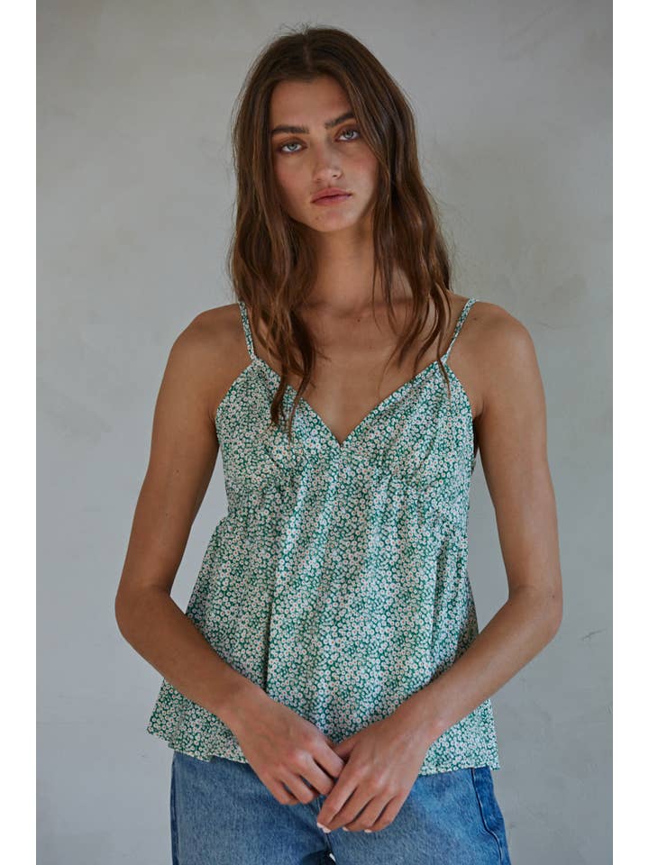 Floral V-Neck Cami Top - Earth Green