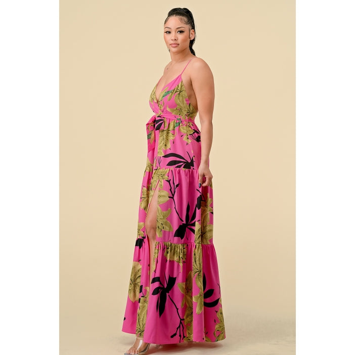 Floral Printed Maxi Dress - Fuschia & Black