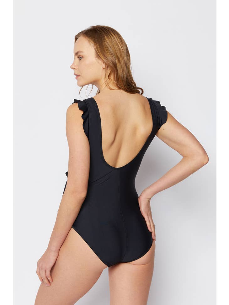 Ruffle Wrap Tie Swimsuit - Black