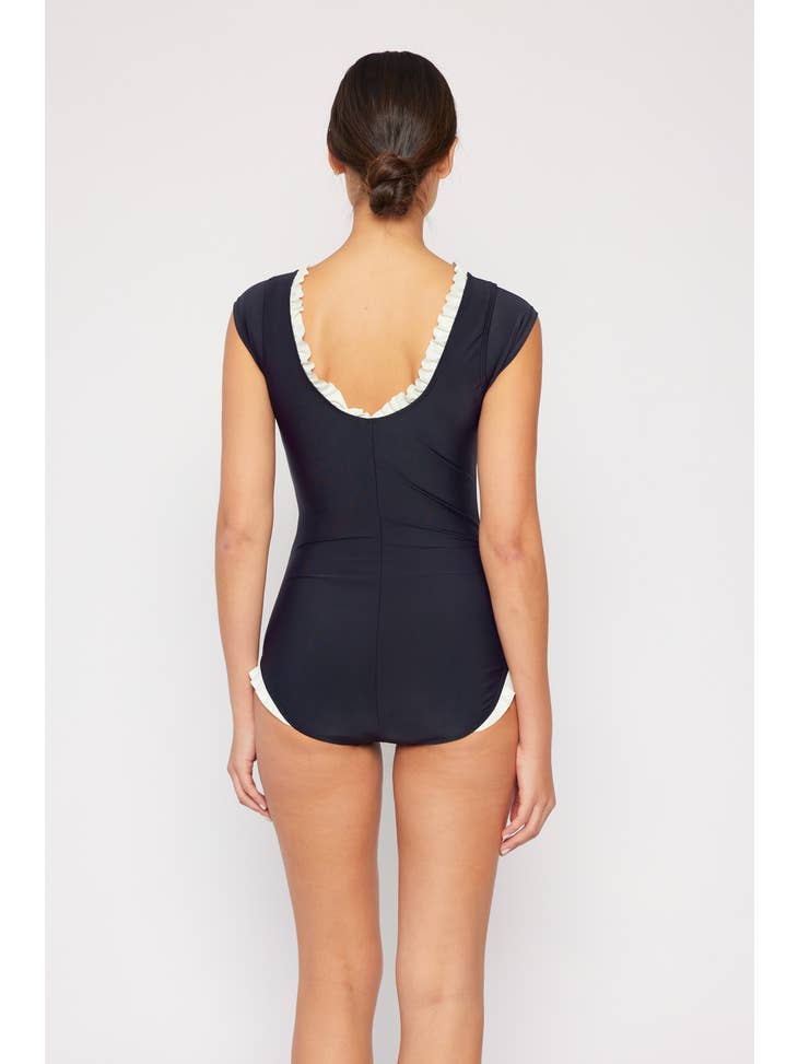 V Neck String Ruffle Swimsuit - Black