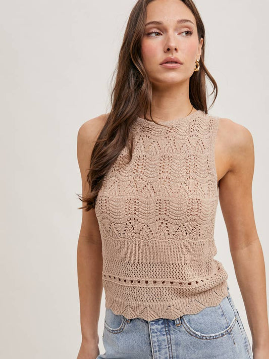 Open Knit Sleeveless Top - Latte