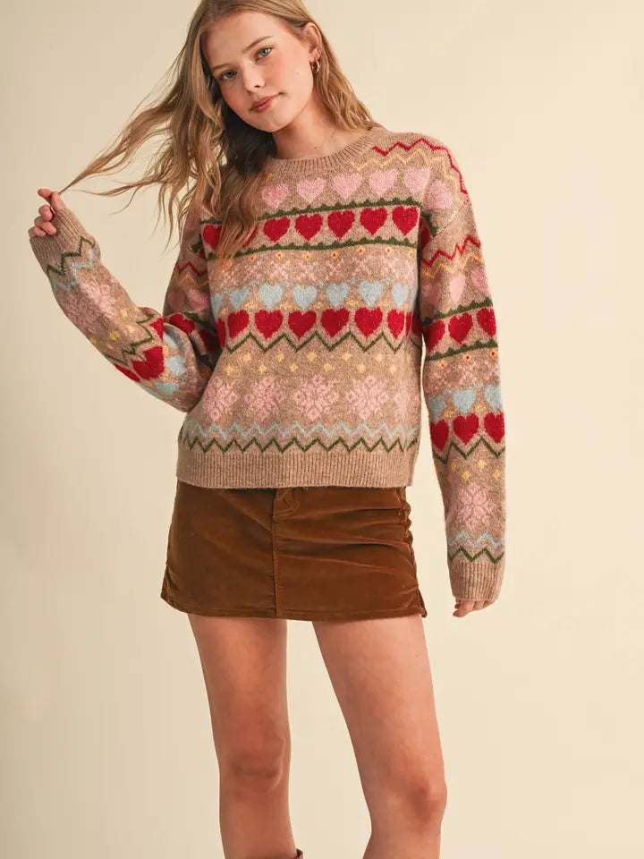 Geometric Heart Sweater - Desert Tan