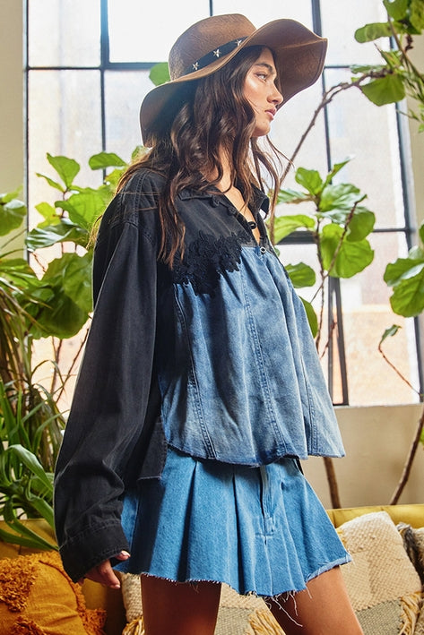 Lace Trimmed Color Block Denim Pullover