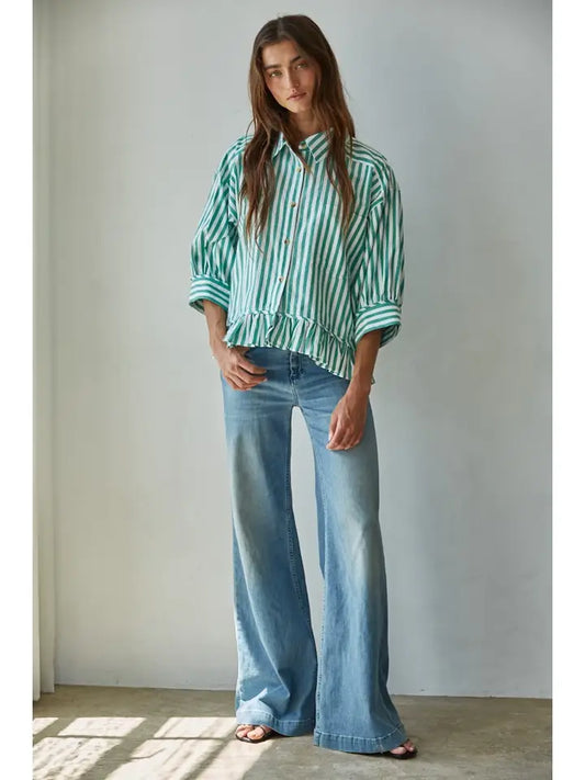 Ruffle Hem Button Down - Ivory/Green