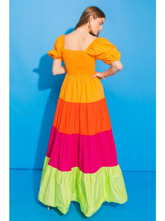 Colorblock Poplin Maxi Dress - Orange Red