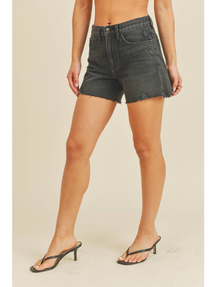 Clean High Rise Slit Short - Washed Black Denim