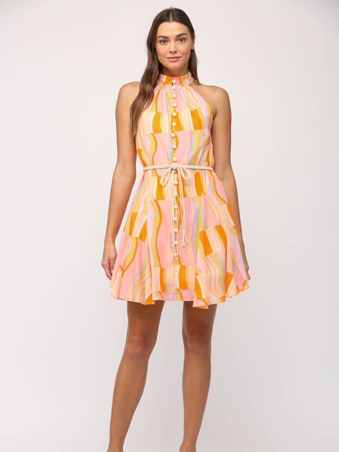 Halter Neck Mini Dress - Orange/Lavender