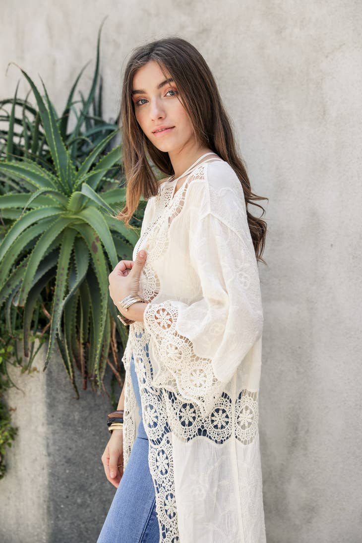 Crochet Patch Longline Kimono - Ivory