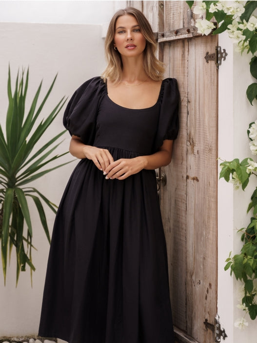 Cherie Puff Sleeve Midi Dress - Black
