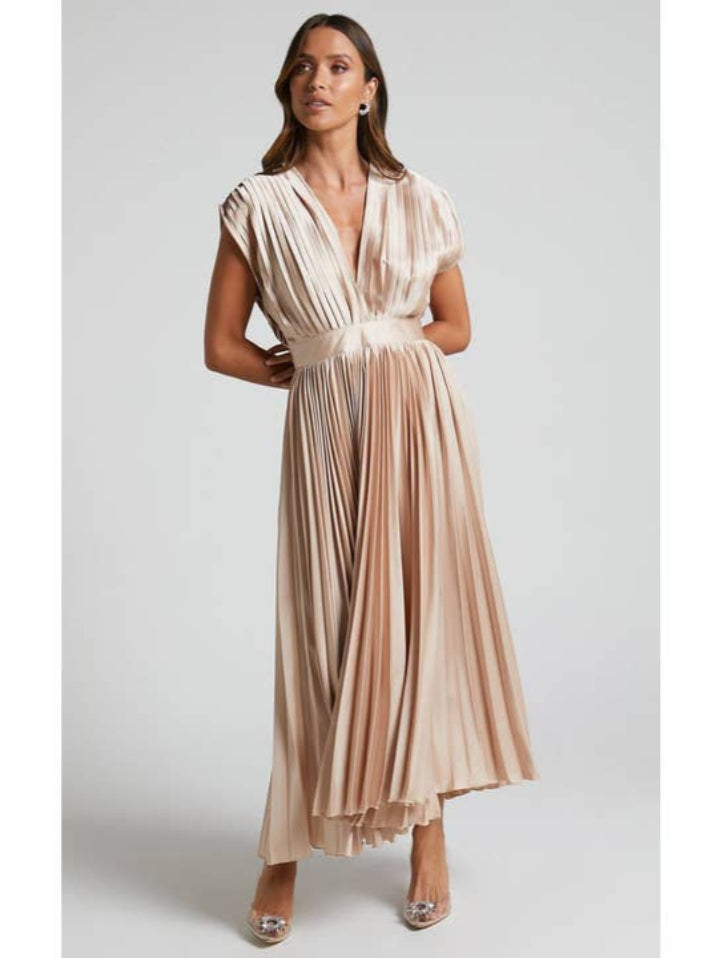 Pleated Midi Dress - Champagne - Final Sale Treaty General Store Pleated Midi Dress - Champagne - Final Sale Treaty General Store