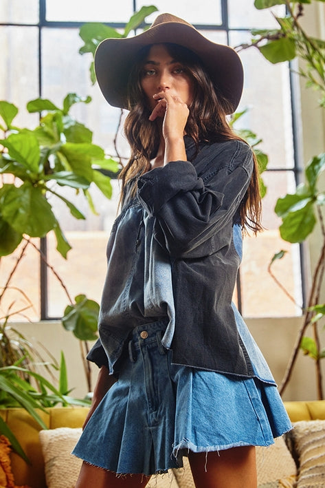 Lace Trimmed Color Block Denim Pullover
