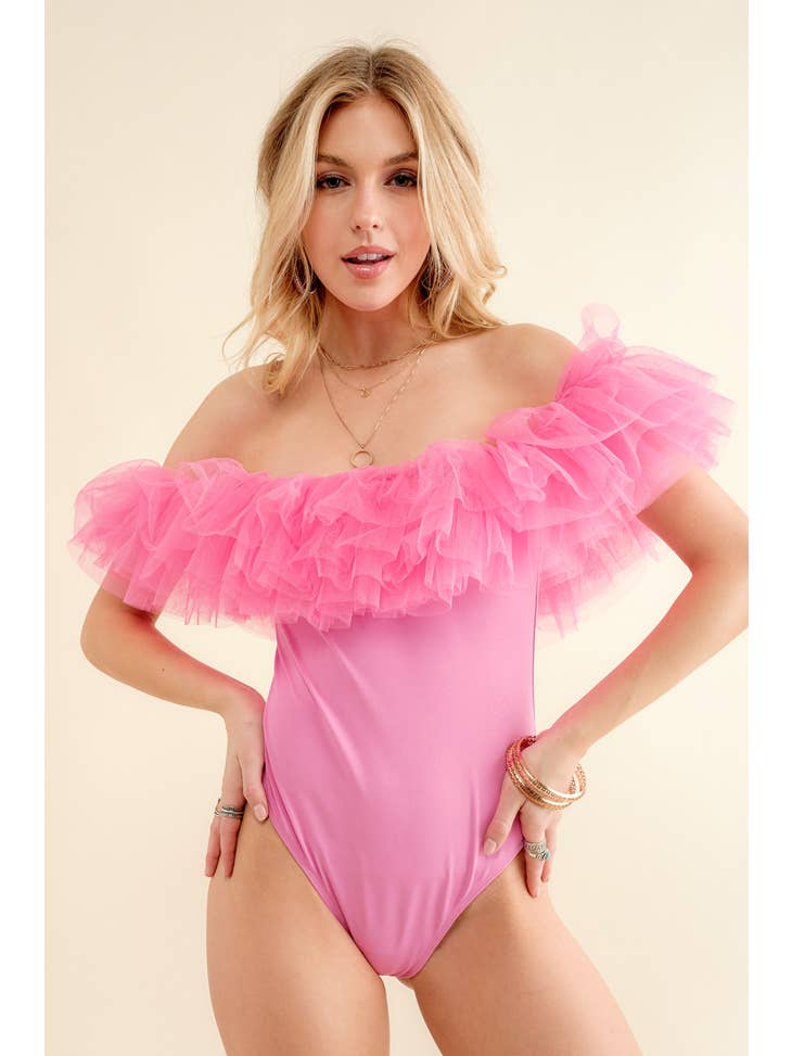 Tulle Ruffle Bodysuit - Hot Pink
