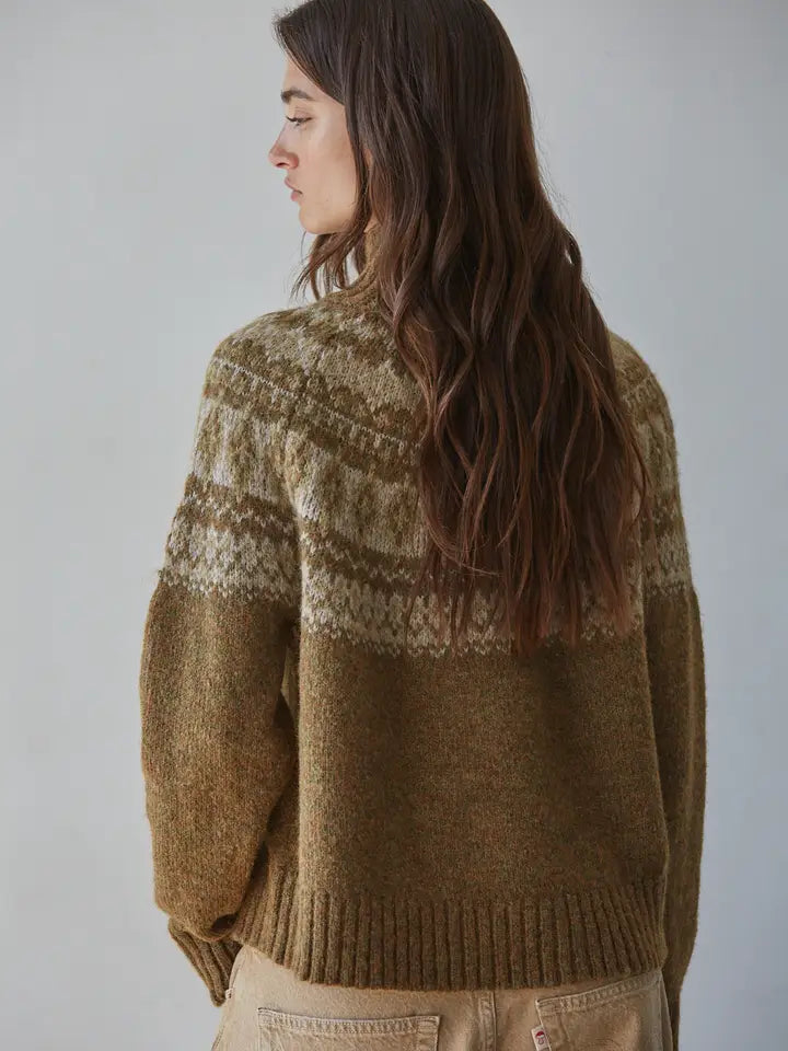 Knit Fair Isle Mock Neck Pullover - Olive Brown