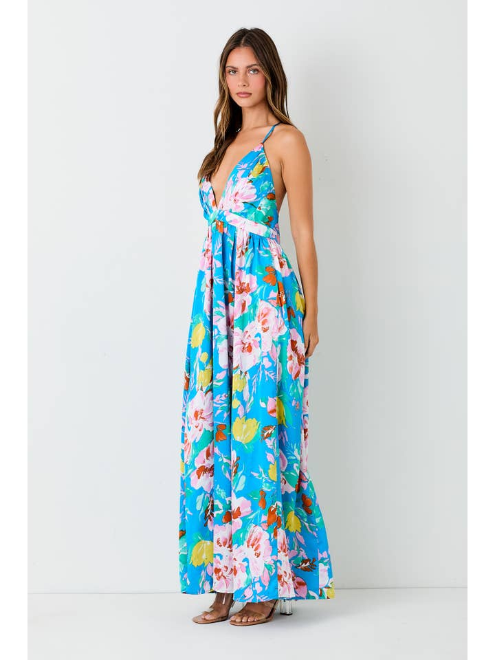 Deep V-Neck Maxi Dress - Blue Multi