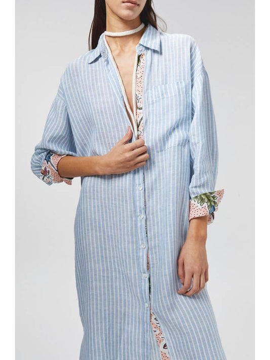 Island Linen Midi Dress - Light Blue and White Stripes