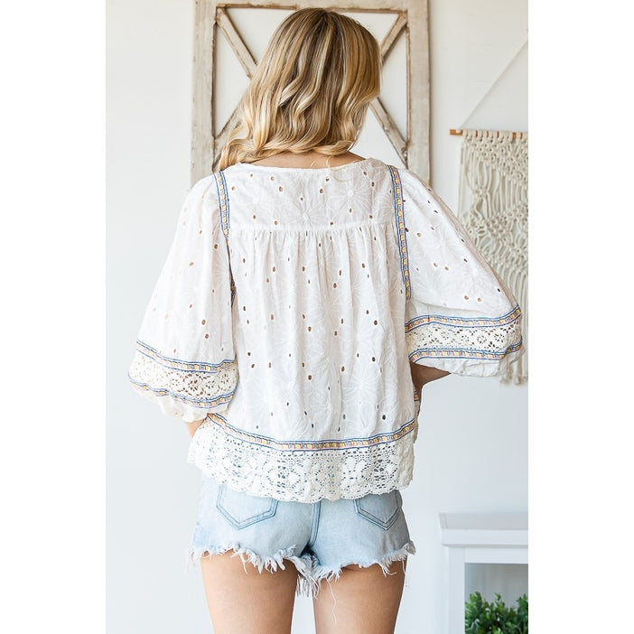 Washed Eyelet Laced Babydoll Top