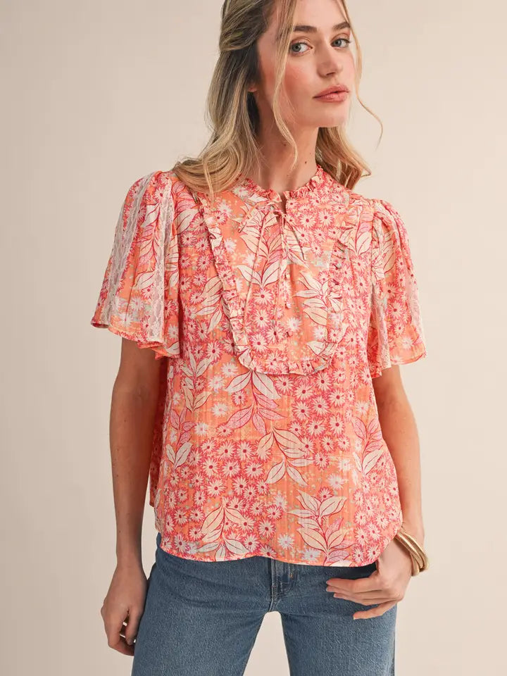 Floral Print Lace Trim Top - Orange Multi Floral