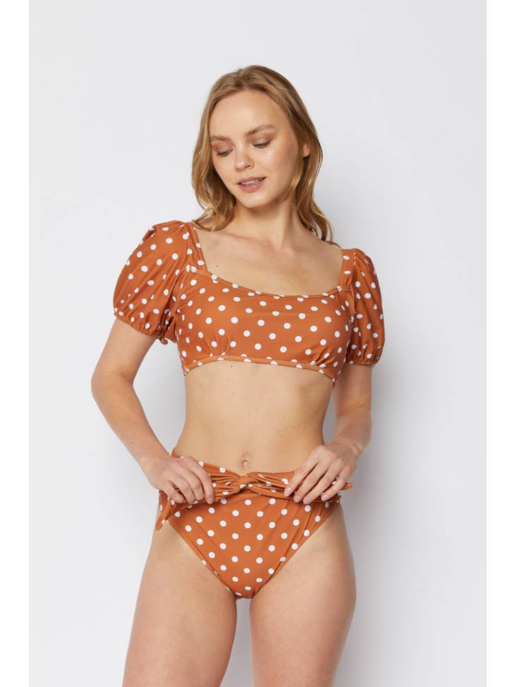 Puff Sleeve Swimsuit - Brick White Dot