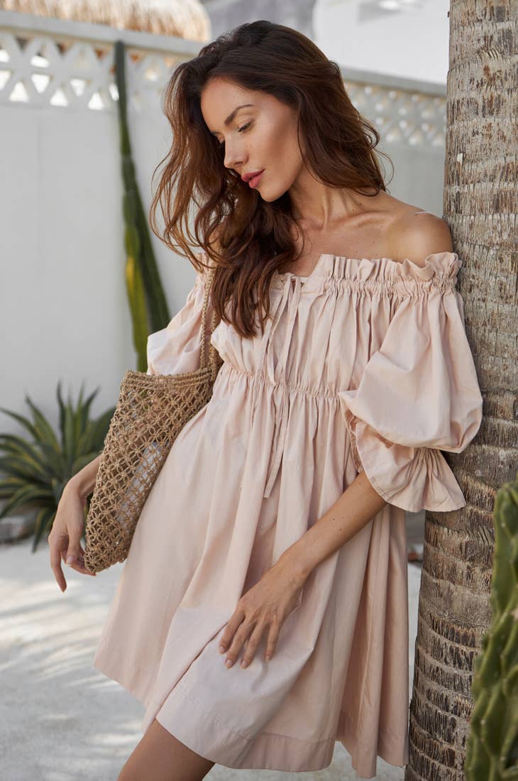 Vacay Puff Sleeve Mini Dress - Cream