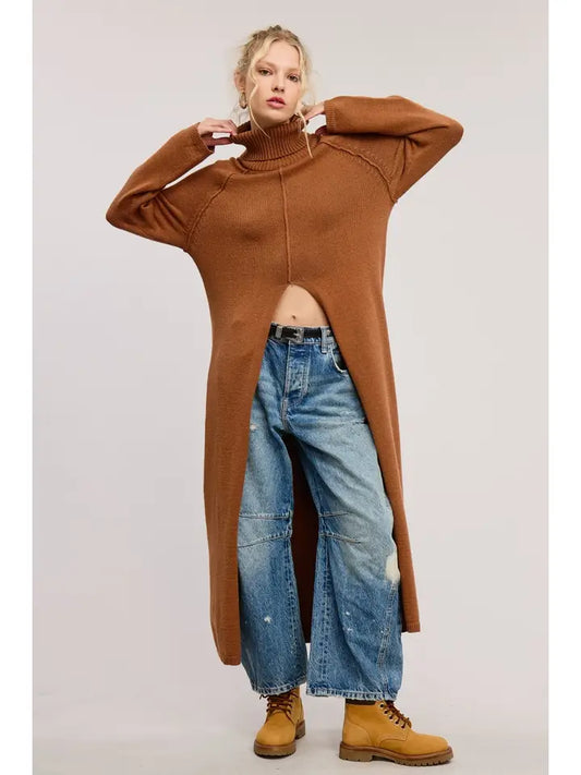 Ribbed Turtleneck Sweater Slit Dress - Camel